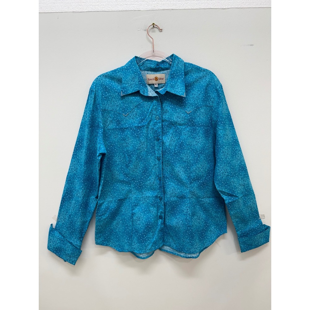 CR Ranch Wear Western Shirt XL Blue Floral Rhinestone Yoke Made in USA Button Up